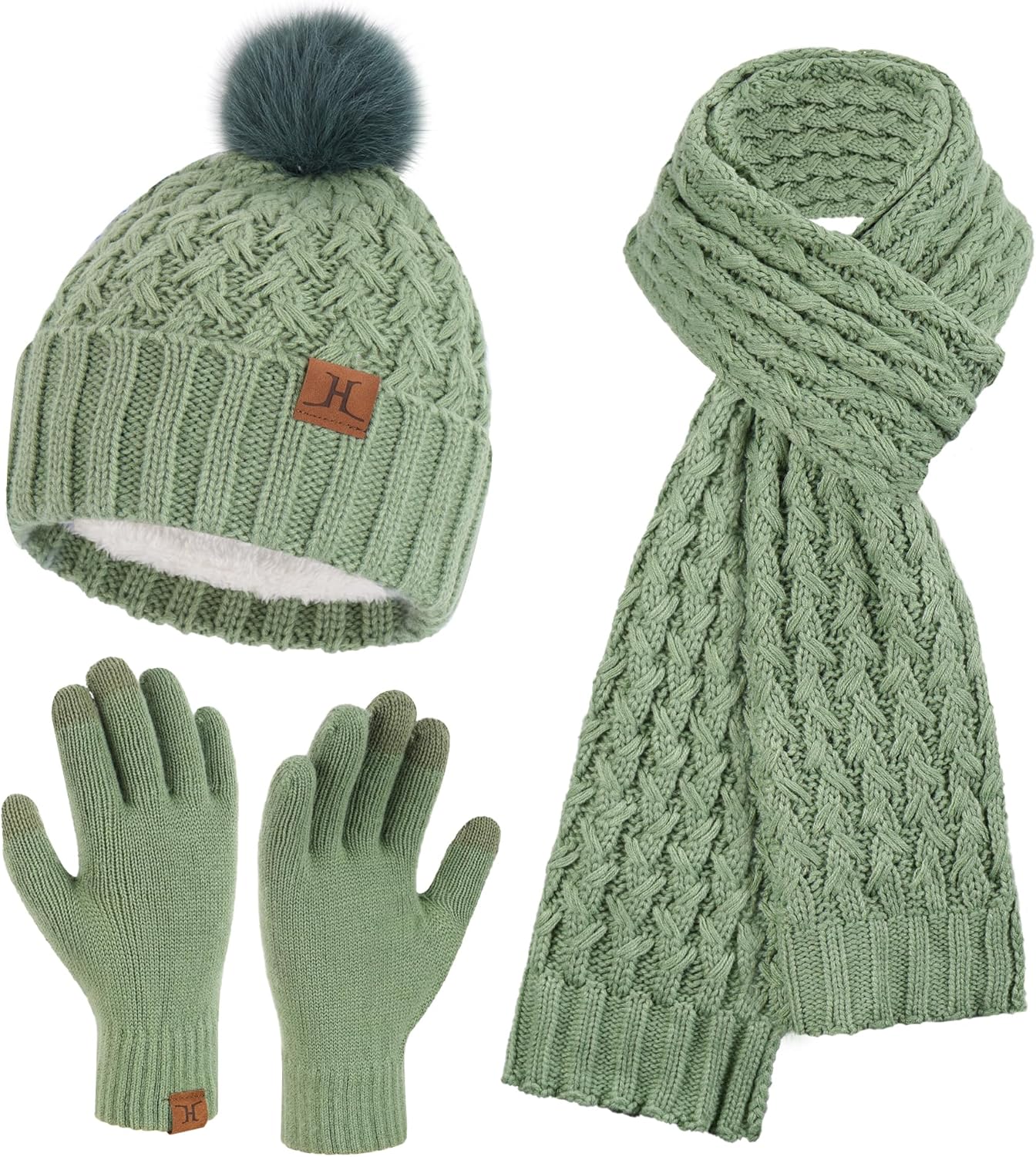 Womens Winter Beanie Hat Touchscreen Gloves Long Neck Scarf Set Warm Knit Caps with Pom Fleece Gifts for Women